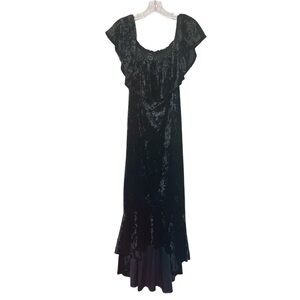 Libian Ruffle Off the Shoulder High Low Velvet Dress Black 2X Witchy Whi…